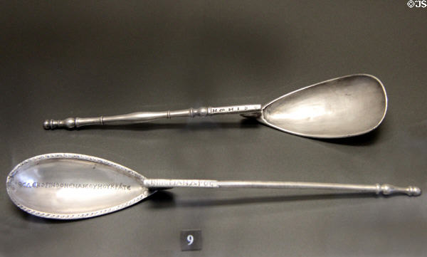 Two silver spoons (6th-7thC) from Lampsaque, Syria at Louvre Museum. Paris, France.