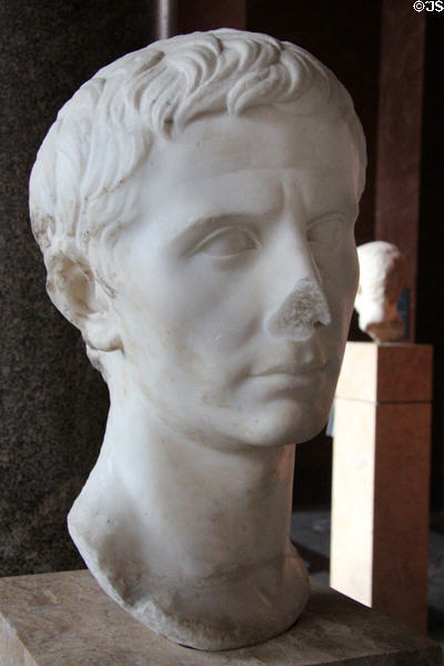 Roman Emperor Augustus (ruled 27 BCE-14 CE) portrait bust (c29 BCE) from Italy at Louvre Museum. Paris, France.