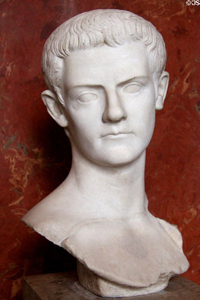 Roman Emperor Caligula (ruled 37-41 CE) portrait bust (c39-40 CE) from Asia Minor at Louvre Museum. Paris, France.