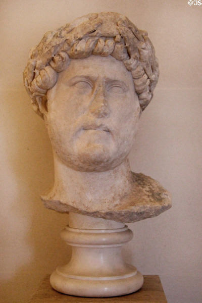 Roman Emperor Hadrian (ruled 117-138 CE) portrait head (c150-200 CE) from Tunisia at Louvre Museum. Paris, France.