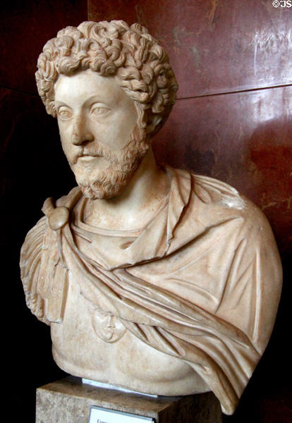 Roman Emperor Marcus Aurelius (ruled 161-180 CE) portrait bust (c171 CE) from Probalinthos, Attica at Louvre Museum. Paris, France.