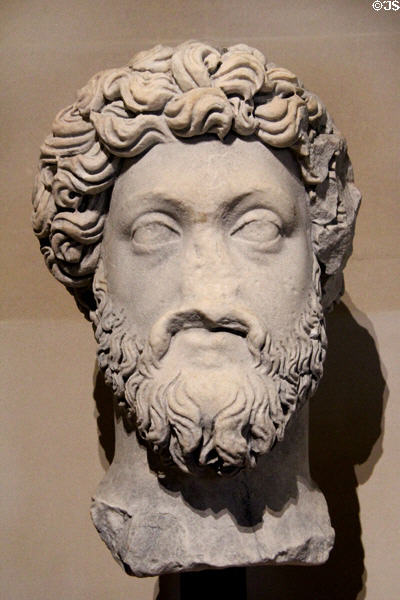 Roman Emperor Marcus Aurelius (ruled 161-180 CE) portrait head (c195-7 CE) from Tunisia at Louvre Museum. Paris, France.