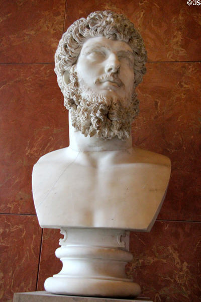 Roman Co-Emperor Lucius Verus (ruled with Marcus Aurelius 161-169CE) portrait bust (c180-3-197 CE) from near Rome at Louvre Museum. Paris, France.