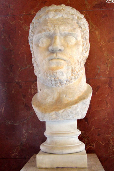 Roman Emperor Caracalla (ruled 211-217 CE) giant portrait head (c214 CE) from Greece at Louvre Museum. Paris, France.