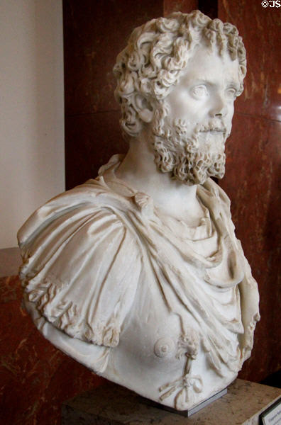 Roman Emperor Septimius Severus (ruled 193-211 CE) portrait bust (after 204 CE) from Herculanum?, Italy at Louvre Museum. Paris, France.