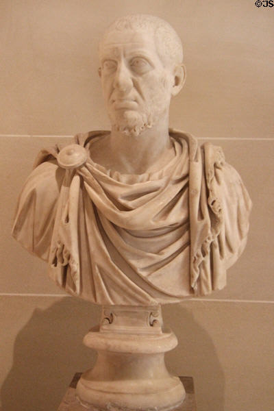 Roman Emperor Tacitus (ruled 275-6 CE) portrait bust at Louvre Museum. Paris, France.