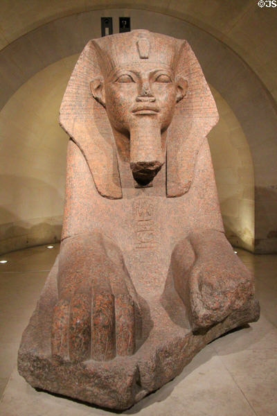 Granite sphinx from Tanis inscribed with names of king Amenemhat II (1898-1866 BCE, Merenptah (1213-1203 BCE) & Shoshenq I (945-924 BCE)at Louvre Museum. Paris, France.