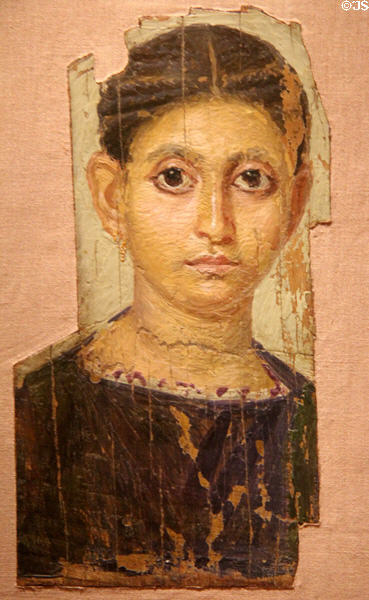 Funerary portrait of young woman (130-150 CE) from Antinoe, Egypt at Louvre Museum. Paris, France.