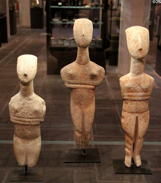 Cycladian marble female statuettes (c2750-2300 BCE) (Spedos type) at Louvre Museum. Paris, France.