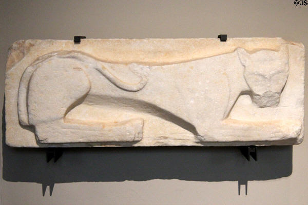 Carved Greek marble lion relief (c640 BCE) from north of Aegean Sea at Louvre Museum. Paris, France.