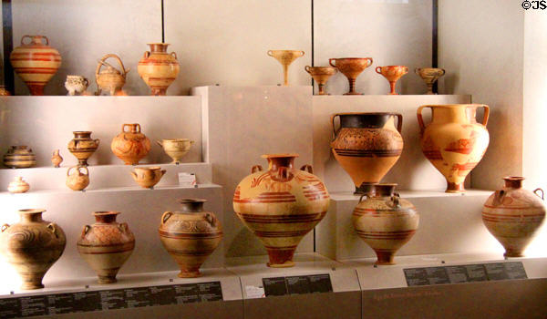 Collection of Greek terracotta vessels (c1350-1100 BCE) mostly from Rhodes at Louvre Museum. Paris, France.