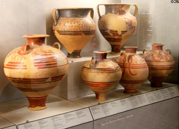 Collection of Greek terracotta tall-stem urns (c1350-1100 BCE) mostly from Rhodes at Louvre Museum. Paris, France.
