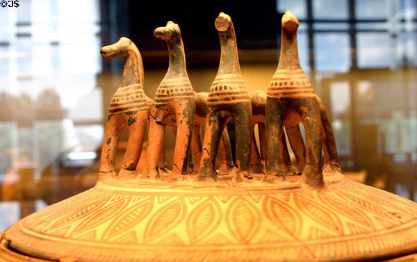 Athenian terracotta Pyxis (box) cover with modeled horses (c740 BCE) at Louvre Museum. Paris, France.