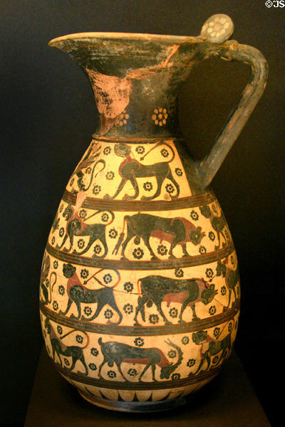 Corinthian terracotta Olpe pitcher with painted animals & sphinxes (c640-630 BCE) at Louvre Museum. Paris, France.