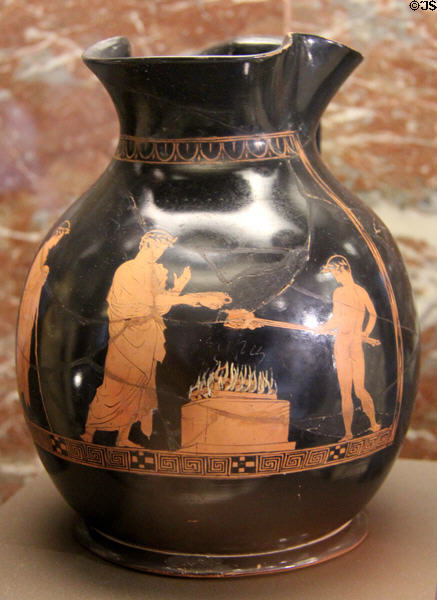 Athenian red-figure terracotta oinochoe wine vessel with sacrifice scene (400-390 BCE) at Louvre Museum. Paris, France.