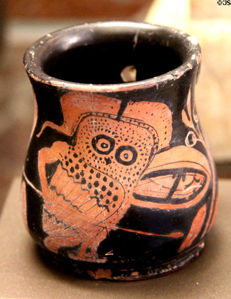 Athenian red-figure terracotta oinochoe wine vessel with armed owl (c400-390 BCE) at Louvre Museum. Paris, France.