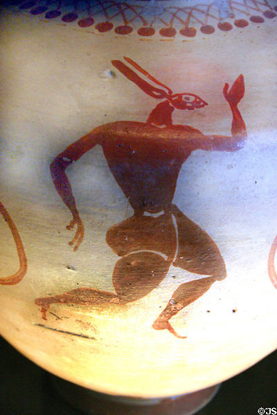Greek terracotta amphora with athletic rabbit (550-525 BCE) from Rhodes at Louvre Museum. Paris, France.