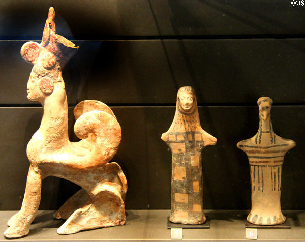 Greek terracotta figures (6thC BCE) from Corinth & Boeotia at Louvre Museum. Paris, France.