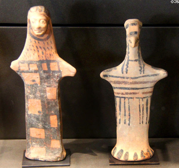 Greek terracotta flat figures (c570-550 BCE) made in Boeotia at Louvre Museum. Paris, France.