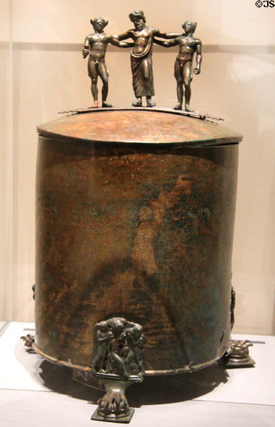 Bronze covered toiletries storage ciste (375-350 BCE) from Praeneste which was acquired (1861) in Italy by Napoleon III & brought to Paris for museum display at Louvre Museum. Paris, France.