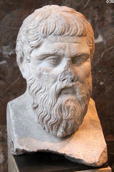 Marble portrait head (2ndC CE) of Greek philosopher Plato (428-348 BCE) at Louvre Museum. Paris, France.