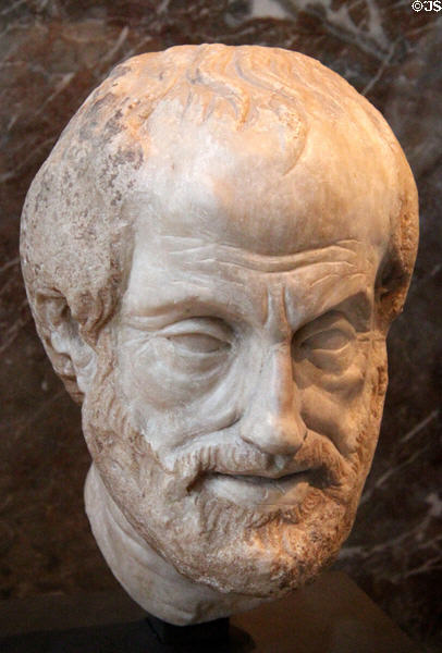 Marble portrait head (1st or 2ndC CE) of Greek philosopher Aristotle (384-322 BCE) at Louvre Museum. Paris, France.