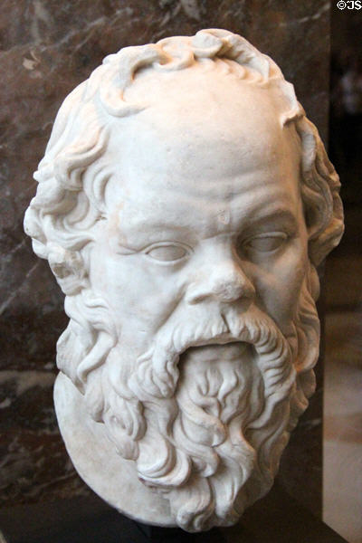 Marble portrait head (1st CE) of Greek philosopher Socrates (469-399 BCE) at Louvre Museum. Paris, France.