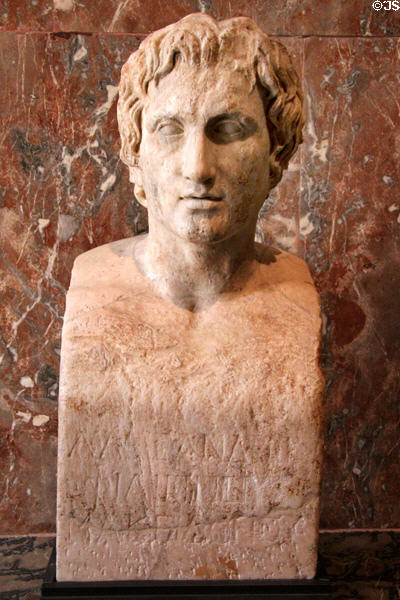 Carved portrait herm (1st or 2ndC CE) of Alexander the Great (356-323 BCE) found at Tivoli east of Rome at Louvre Museum. Paris, France.