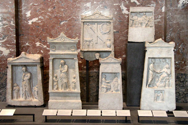 Collection of Greek funerary stelas (c500-50 BCE) from Greek settlements in what is now Turkey at Louvre Museum. Paris, France.