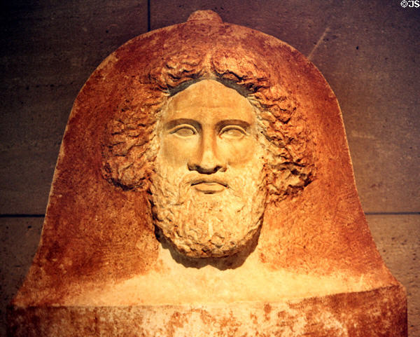 Bearded man carved on Phoenician sarcophagus (4thC BCE) from Tartous, Syria at Louvre Museum. Paris, France.