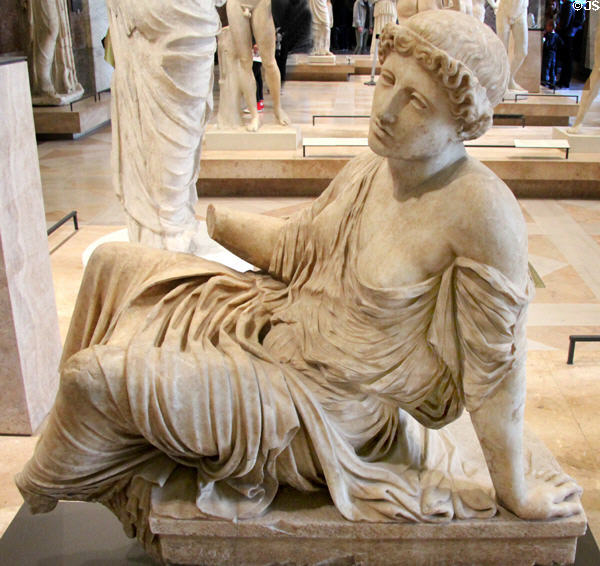 Greek goddess marble statue (1stC BCE or 1st-2ndC CE) from Italy at Louvre Museum. Paris, France.