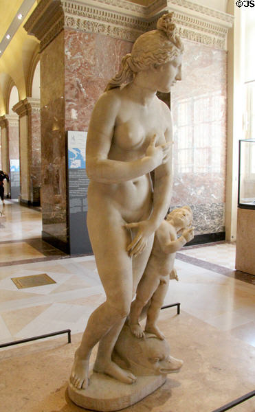 Marble Aphrodite of type "du Capiole" (2ndC CE) found at Acqua Traversa near Rome is copy of 3rdC BCE original by Praxiteles of Athens at Louvre Museum. Paris, France.