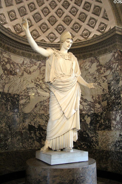 Marble statue of Athena (aka "Pallas de Velletri") (1stC CE Roman copy of 5thC BCE original by Cresilas) at Louvre Museum. Paris, France.