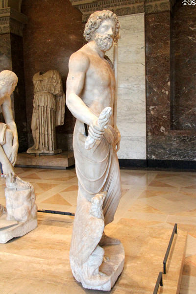 Marble statue of Zeus, god of heaven & Olympus (2ndC CE Roman copy of 5thC BCE original by Myron) (head is modern) at Louvre Museum. Paris, France.
