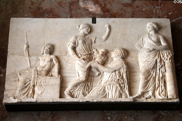 Marble relief of birth of Erichthonios, first king of Athens (2ndC CE Roman copy of 5thC original from Athens) (with modern restoration parts) at Louvre Museum. Paris, France.