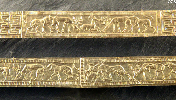 Greek funereal gold headbands embossed with animals (8thC BCE) from Attica & Corinthia at Louvre Museum. Paris, France.