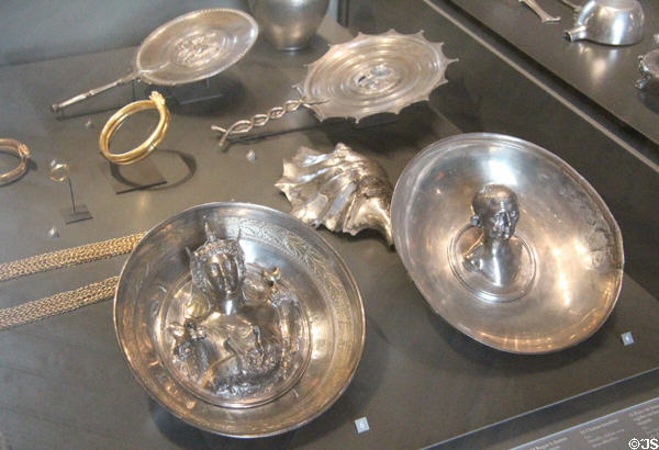 Details of treasure of Boscoreale Roman silver vessels buried by eruption of Mount Vesuvius (79 CE) found 1895 at Louvre Museum. Paris, France.