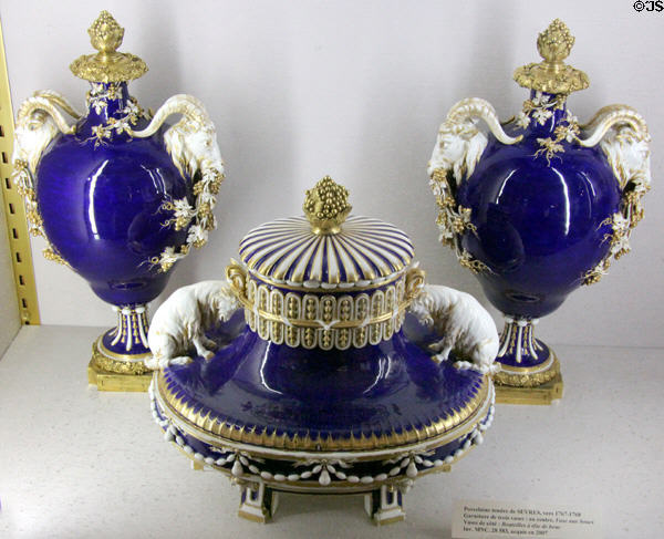 Sèvres porcelain components used for blue vessels with white goats & gold trim (c1767-8) at Sèvres National Ceramic Museum. Paris, France.