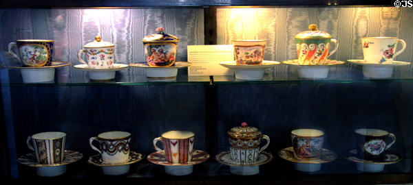 Collection of Sèvres porcelain cups & saucers (1760-88) at Sèvres National Ceramic Museum. Paris, France.