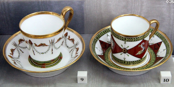 Sèvres porcelain cups & saucers (1804 & 3) by Christophe Ferdinand Caron using recently found on ruins of Pompei at Sèvres National Ceramic Museum. Paris, France.