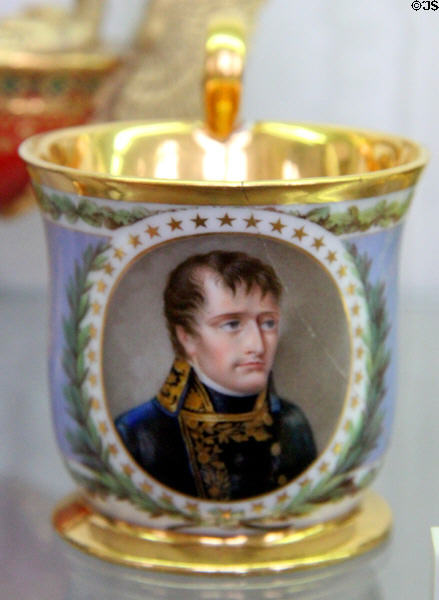 Sèvres porcelain chocolate cup (1803) with portrait of Napoleon Bonaparte by Jean-Baptiste Isabey at Sèvres National Ceramic Museum. Paris, France.