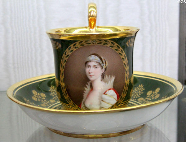 Sèvres porcelain chocolate cup (1806) with portrait of Josephine Bonaparte by Marie-Victoire Jaquotot after original by Jean-Baptiste Isabey at Sèvres National Ceramic Museum. Paris, France.