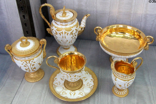 Sèvres porcelain gilded coffee service with bisque areas (c1805) by Jean-Marie-Ferdinand Régnier at Sèvres National Ceramic Museum. Paris, France.