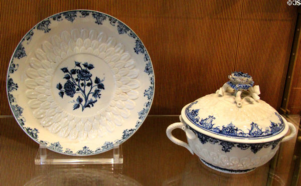 Porcelain plate & covered bowl (18thC) made by Manuf. Saint-Cloud of Paris at Sèvres National Ceramic Museum. Paris, France.