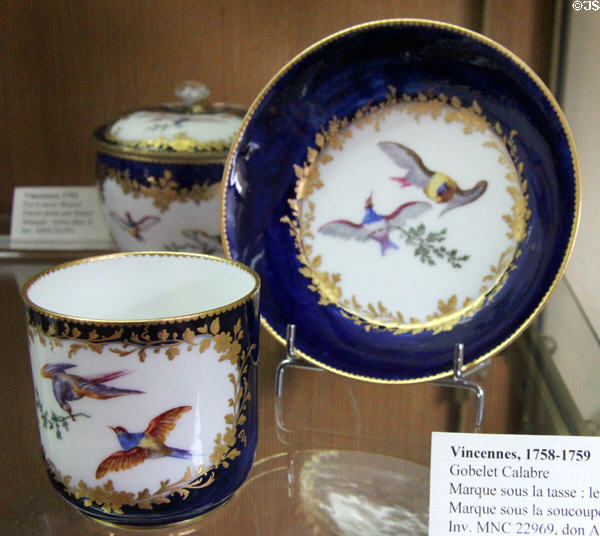 Porcelain Calabre cup & saucer (1758-9) from Vincennes at Sèvres National Ceramic Museum. Paris, France.