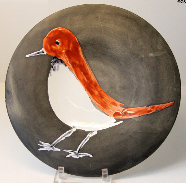 Ceramic plate painted with red bird (1963) by Pablo Picasso for Atelier Madoura at Sèvres National Ceramic Museum. Paris, France.