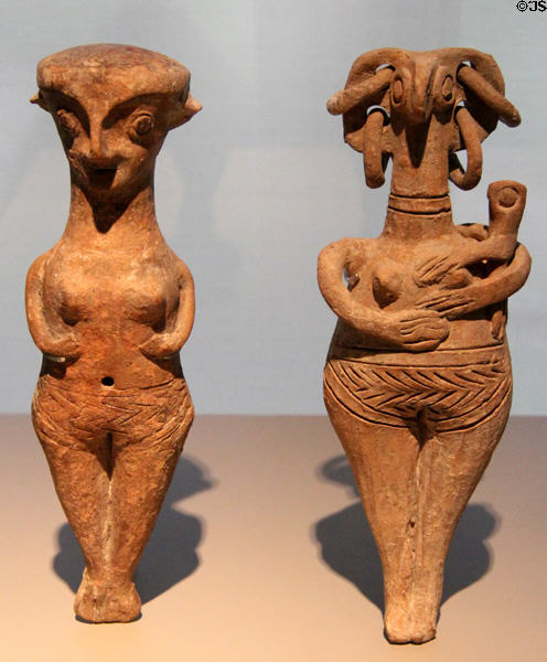 Terra Cotta female figure (1600-1050 BCE) & female goddess with infant (1600-1200 BCE) from Cyprus at Sèvres National Ceramic Museum. Paris, France.