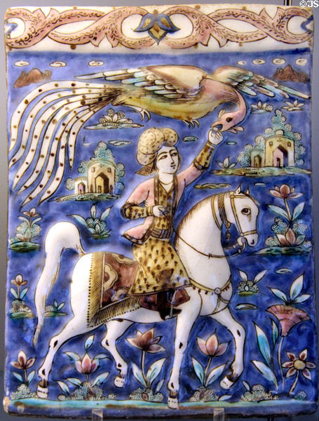 Ceramic tile painting with mounted cavalier & mythical Simurgh bird (19thC) from Isfahan, Iran at Sèvres National Ceramic Museum. Paris, France.
