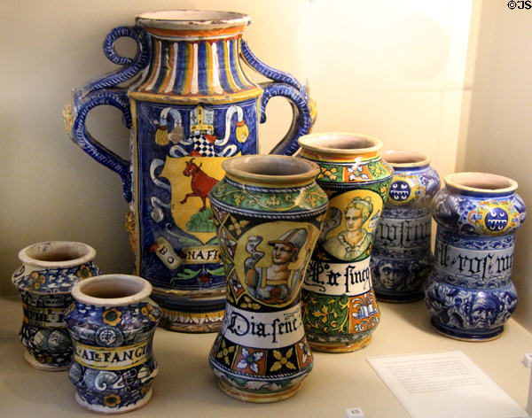 Ceramic pharmacy jars (early 16thC) from Italy at Sèvres National Ceramic Museum. Paris, France.