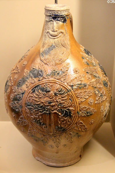 Bartmann blue & brown stoneware jug (c1580) from Frechen, Germany at Sèvres National Ceramic Museum. Paris, France.